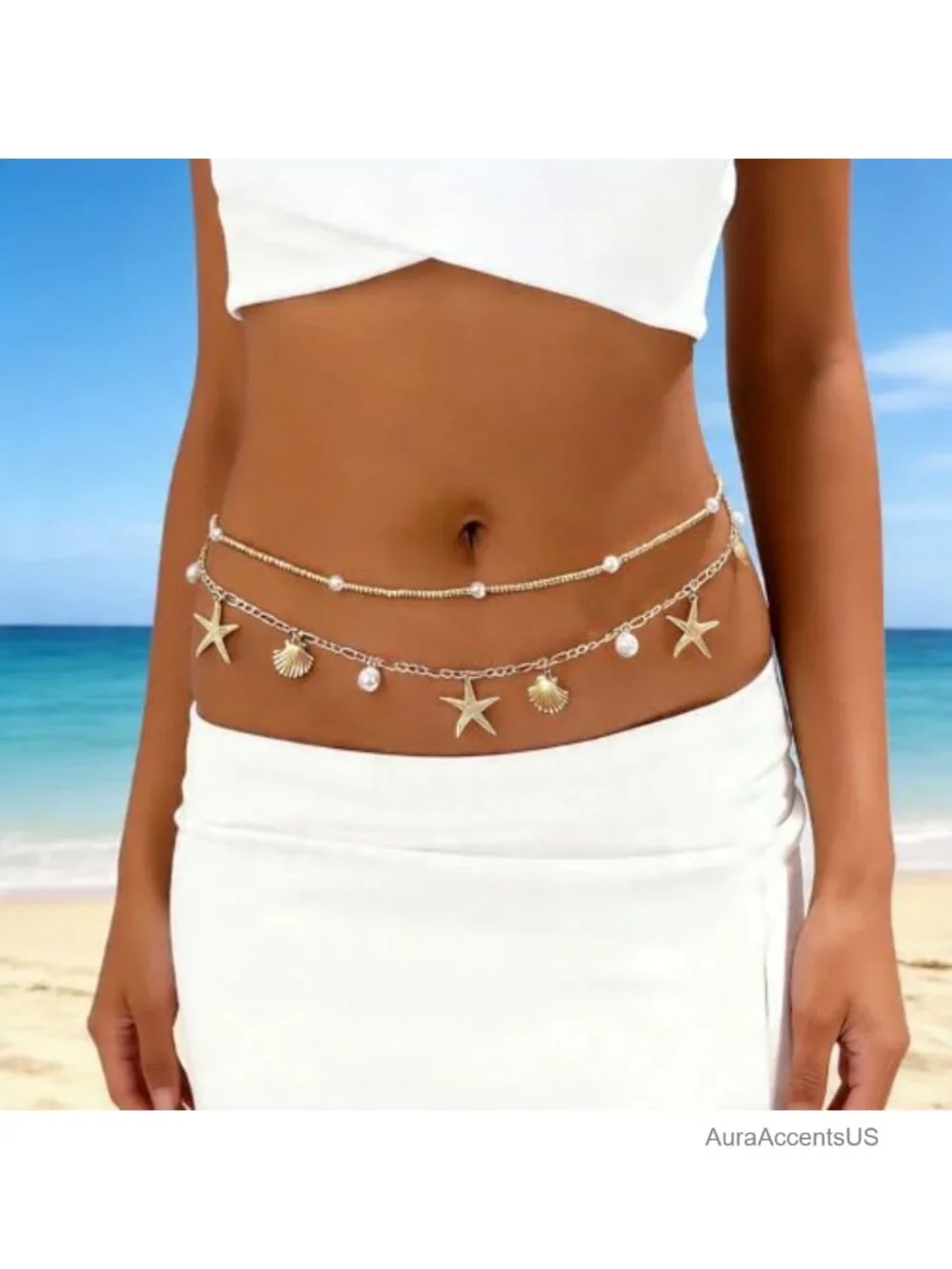 Adjustable Layered Waist Chain with Starfish and Shell Charms